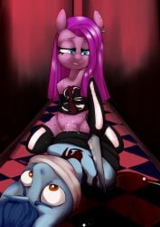 2016 absurd_res anthro armwear bedroom_eyes blood blood_on_face blood_on_gloves blood_on_knife blood_pool bodily_fluids bound cloth_gag clothing corset cowgirl_position detailed_background dominant dominant_female duo ear_piercing ear_ring earth_pony elbow_gloves equid equine eyebrows female female_penetrated forced friendship_is_magic from_front_position gag gagged gloves gore grin handwear hasbro hi_res horse knife latex latex_clothing latex_corset latex_gloves latex_handwear latex_legwear latex_lingerie latex_thigh_highs latex_topwear legwear lingerie looking_at_another male male/female male_penetrating male_penetrating_female mammal my_little_pony narrowed_eyes on_bottom on_top penetration piercing pinkamena_(mlp) pinkie_pie_(mlp) pony raised_inner_eyebrows rape ring_piercing seductive sex signature smile solamisalamder submissive submissive_male thigh_highs topwear trigger_puller wounded