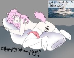 colored cum_leaking_out_of_pussy doggirl line_censoring naked_female no_shading panties_around_one_leg pillow_hug pink_hair puppygirl simple_background thigh_highs
