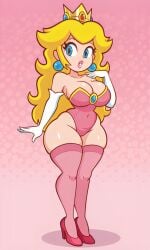 ai_generated bangs big_breasts blonde_hair blue_eyes busty clothed crown curvy elbow_gloves female heels leotard lipstick long_hair looking_at_viewer mario_(series) pearl_earrings pink_background pink_heels pink_leotard pink_lipstick pink_thighhighs pixai princess princess_peach solo super_mario_bros. thick_thighs thighhighs white_elbow_gloves white_gloves