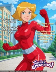 ai-generated belt blonde_hair blue_eyes blue_sky bodysuit breasts building city clenched_hands clothing cloud clover_(totally_spies) day english_language english_text female female female_only gloves high_resolution large_breasts lips looking_at_viewer medium_breasts outdoors red_bodysuit short_hair skin_tight sky skyscraper smile solo standing superhero text thighs totally_spies tree wodstudio