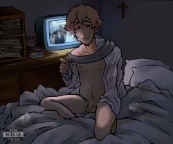 bed cross dork_nokia gay happy_trail loser neet nice_cock_bro oc original_character religious_symbols robe_only skinny slightly_chubby small_penis snot solo_male watching_tv