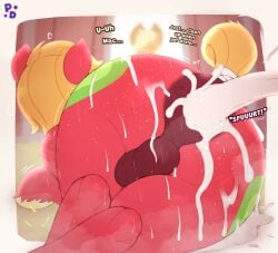absurd_res anus applejack_(mlp) ass balls barn big_macintosh_(mlp) blonde_hair blonde_mane bodily_fluids caught cum cum_in_ass cum_inside cum_on_butt cum_on_ground dialogue duo earth_pony equid equine female feral fetlocks freckled_butt freckles friendship_is_magic fur genital_fluids genitals hair hasbro hay hi_res horse inside looking_away lying male male_focus mammal mane messy_fur my_little_pony on_side pony pony_dreaming puffy_anus rear_view red_body red_fur solo_focus sweat sweatdrop tail tail_wraps text wraps yellow_tail