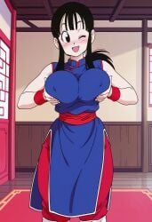 1girls aindroidparanoid big_breasts blush chichi dragon_ball dragon_ball_z squeezing_breasts_together younger_female