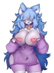 1girls areolae artist_name ayausumi bell_collar big_breasts blue_hair breasts breasts_out broken_heart busty busty_female cat_ears clothed clothing clothing_aside collar eyes_hidden female fishnet_legwear forsaken_(roblox) furry hair_over_eyes heart_pasties heart_symbol open_mouth pasties purple_clothing purple_sweater roblox roblox_avatar roblox_developer roblox_game robloxian shirt_pull smug souldrivenlove source_request sweater thighhighs thighs watermark white_skin