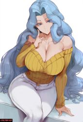 1female 1girl 1girls ai_generated bare_shoulders big_breasts big_hips blue_eyes blue_hair cleavage csr_fan_621 elite_four female female_focus female_only grin grinning hips huge_breasts karen_(pokemon) large_breasts legs long_hair pants pokemon pokemon_gsc pokemon_hgss ribbed_sweater self_upload sitting sitting_down solo solo_female solo_focus sweater tagme thick_legs thick_thighs thighs white_pants yellow_sweater