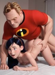 1boy 1girls ai_generated black_hair bob_parr breasts dilf disney doggy_style father_and_daughter female human incest male nude_female pixar pussy_juice pussy_juice_drip robert_parr sex sex_from_behind the_incredibles violet_parr