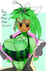 1girls abs blaster_master blaster_master_zero blaster_master_zero_2 blush bodysuit breasts cleavage clothed color eyes_half_open flower green_hair green_skin hairy_pussy huge_breasts kanna_(blaster_master) looking_at_viewer mob_face open_mouth plant_girl plantie smirk solo talking_to_viewer text undressing unzipped_bodysuit watermelon_bra watermelon_nets