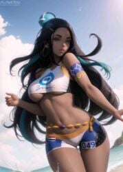 1girls 2024 artist_name beach belly black_and_blue_hair black_hair blue_eyes blue_highlights brown_skin curvy curvy_body curvy_female dark-skinned_female dark_skin deviantart deviantart_link earring female female_only flowerxl fully_clothed game_freak gym_leader hair_ornament hoop_ear_ring hourglass_figure long_hair minishorts navel nessa_(pokemon) nintendo pokemon pokemon_ss revealing_clothes short_shorts shorts solo tight_clothing topwear two_tone_hair underboob video_game video_game_character video_games white_clothing