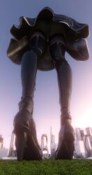 1girls 3d ass big_ass city female female_only giantess high_heels light-skinned_female light_skin low-angle_view macro nier nier:_automata skirt solo thighhighs upskirt xabbx yorha_2b