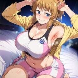 1girls ai_generated alternate_breast_size armpits big_breasts bike_shorts bostin breasts busty curvaceous curvy curvy_body curvy_female curvy_figure female gundam_build_fighters hoshino_fumina huge_breasts large_breasts nipples shorts solo sports_bra sweat sweating sweaty sweaty_body sweaty_breasts thick_thighs thighs venus_body