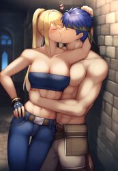 ai_generated beauty_mark big_breasts blonde_hair blue_hair cleavage closed_eyes crossover fire_emblem fire_emblem:_path_of_radiance fire_emblem:_radiant_dawn heart ike_(fire_emblem) kissing large_breasts metroid mole muscles muscular_female muscular_male nintendo partially_clothed samus_aran straight super_smash_bros.