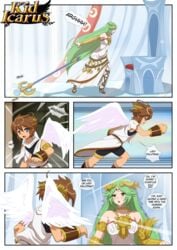 1boy 1girls age_difference angel brown_hair comic dialogue fanfiction goddess gold green_hair highres inusen kid_icarus kid_icarus_uprising long_hair nintendo palutena pit pit_(kid_icarus) short_hair tagme wings