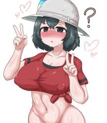 1girls ? big_breasts blush breasts double_peace_sign double_v female female_only huge_breasts kaban_(kemono_friends) kemono_friends large_breasts navel peace_sign sangchussam upper_body v_sign