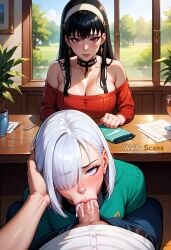 1boy 2girls ai_generated blowjob breasts cuckquean cum cum_in_mouth cum_inside fellatio female fiona_frost high_resolution highres human male multiple_girls netorare ntr oral oral_sex penis spy_x_family stable_diffusion sucking waifuscans418 watching_sex yor_briar yor_forger