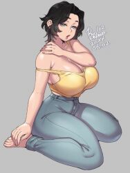 1girls 2d barefoot big_breasts blue_eyes blue_jeans cleavage clothed female female_only huge_breasts jeans looking_at_viewer no_bra off_shoulder ryo_agawa short_hair sitting solo strap_slip tank_top thick_thighs yellow_topwear