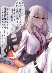 1boy black_skirt breasts censored chaldea_uniform cleavage elfenlied22 erection fate/grand_order fate_(series) female fujimaru_ritsuka_(male) gradient_hair grey_hair handjob highres long_hair long_sleeves marie_antoinette_(alter)_(fate) marie_antoinette_(alter)_(first_ascension)_(fate) marie_antoinette_(fate) medium_breasts multicolored_hair open_mouth penis shirt sidelocks skirt smile speech_bubble straight translation_request twintails white_shirt yellow_eyes