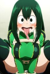 ai_generated bare_legs big_breasts black_eyes boku_no_hero_academia cowgirl_position cum cum_in_mouth cum_on_face curvaceous curvy_female green_hair hero_outfit_(mha) large_breasts light-skinned_female light_skin long_hair long_tongue looking_at_viewer my_hero_academia tbaanime thick_thighs thighs tsuyu_asui