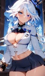 abdomen ai_generated big_breasts big_breasts black_skirt blue_eyes blue_hair breasts breasts cosplay female female female_focus female_only flushed flushed_face furina_(genshin_impact) genshin_impact huge_boobs huge_breasts huge_thighs illyfurina looking_at_viewer navel neckline school school_girl school_uniform schoolgirl schoolgirl_uniform seductive seductive_body seductive_eyes seductive_face seductive_look seductive_mouth seductive_pose seductive_smile sensual short_shirt short_skirt student thighs white_shirt woman_focus woman_only