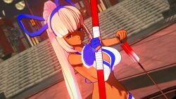 1girls big_breasts bikini blue_eyes breasts busty cleavage dark-skinned_female dark_skin expressionless feet female female_only fingerless_gloves gloves grey_hair hair_ribbon highres kneeling large_breasts looking_at_viewer majikina_mina navel ponytail ribbon samurai_shodown sarong sideboob snk solo swimsuit thong_bikini voluptuous