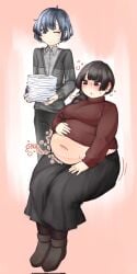 1boy 1girls big_breasts bloated_belly blue_eyes blue_hair brown_eyes brown_hair canon_couple chubby clothed clothing couple crumbs fat feeding female indigestion library_of_ruina male merry_(library_of_ruina) navel orristerioso overstuffed plump potbelly project_moon rumbling_stomach tommy_(library_of_ruina) wardrobe_malfunction