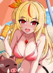 1girls 2d 2d_(artwork) alternate_breast_size alternate_costume beach big_breasts bikini blonde_hair blush bra cleavage day eternals_(idol_corp) female female_focus female_only front_view high_resolution highres holding_object idol_corp idol_es latam_virtual_youtuber light-skinned_female light_skin long_hair ocean on_knees pointy_ears red_bikini red_bikini_bottom red_bikini_top red_eyes ruby_runeheart sky slash-ex slim_girl smiling smiling_at_viewer solo solo_female solo_focus summer swimsuit thong thong_bikini two_piece_swimsuit umbrella virtual_youtuber vtuber vtuberfanart water young younger_female