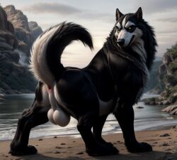 ai_generated alaskan_malamute anus ass balls big_balls big_butt big_feet big_tail black_body black_fur black_nose blp canid canine canis cheek_tuft cliff day detailed detailed_fur domestic_dog evil_grin facial_tuft feet feral fluffy fur genitals glossy_fur glowing glowing_eyes hi_res horror_(theme) hybrid inner_ear_fluff lake light long_snout looking_at_viewer male mammal monster multicolored_body multicolored_fur muscular muscular_feral nordic_sled_dog outside paws perineum pink_anus plant raised_tail rock shrub side_view small_eyes smile snout solo spitz standing sunlight teeth tuft two_tone_body two_tone_fur wave whisker_spots white_balls white_body white_fur white_perineum yellow_eyes