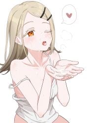 1girls blonde_hair bottomless cum cum_in_mouth cum_on_face cum_on_hand cumshot dsk0310 earrings female female_focus female_only gakuen_idolmaster hairclip heart idolmaster one_eye_closed open_mouth orange_eyes shinosawa_hiro simple_background solo solo_female solo_focus tongue tongue_out white_background