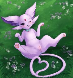 1girls 2019 3_toes absurd_res blush choker donutella eeveelution espeon feet feline female feral flat_chest flower fur furry furry_only grass heart hi_res looking_at_viewer lying mammal nintendo no_nipples nude on_back one_eye_closed pawpads paws pink_fur plant pokémon_(species) pokemon purple_fur pussy solo spread_legs spreading tail thick_thighs toes video_games wide_hips