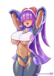 1girls android artist_name big_breasts blinding_bangs breasts capcom clothing dark-skinned_female dark_skin female female_only hair hair_over_eyes kajinman layer long_hair mega_man mega_man_x purple_hair reploid robot robot_girl solo underboob video_games