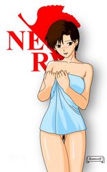 1girls asymmetrical_bangs bangs bare_arms bare_legs bare_shoulders blue_towel blush breasts brown_eyes brown_hair collarbone embarrassed female female_only hands_up human human_only legs looking_at_viewer maya_ibuki medium_breasts naked_towel neck neon_genesis_evangelion open_mouth pubic_hair ranwolf short_hair shy smile solo standing towel uncensored