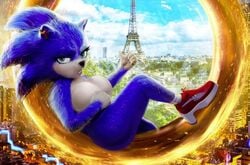 1girls blue_fur breasts clothing eiffel_tower exposed_torso female female_only footwear green_eyes handwear looking_at_viewer mostly_nude movie_sonic paramount_pictures rule_63 sega shadman solo sonic_(series) sonic_team sonic_the_hedgehog sonic_the_hedgehog_(film) sonic_the_hedgehog_(series) sonique_the_hedgehog thick_thighs ugly_sonic