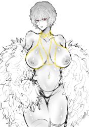 big_breasts bikini_bottom donquixote_rosinante feather-trimmed_jacket female female_only genderswap_(mtf) harness hourglass_figure jewelry large_areolae looking_at_viewer nipple_piercing off_shoulder omo_sinzanmono one_piece open_jacket red_eyes rule_63 shiny_skin short_hair sketch solo spot_color very_short_hair