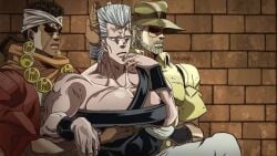 3boys accurate_art_style beard brick_wall dark-skinned_male david_productions eye_shadow gay groping_pecs hand_on_another's_head hand_on_another's_pec hat jean_pierre_polnareff jojo's_bizarre_adventure joseph_joestar large_pectorals light-skinned_male looking_away looking_down male/male/male mohammed_avdol muscular_male old_joseph old_man shadow_over_eyes stardust_crusaders yaoi