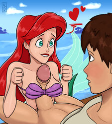 1boy 1girls ariel breasts clothing disney disney_princess duo female hair heart long_hair male mermaid paizuri penis princess red_hair shell shell_bikini straight the_little_mermaid upsydedowne