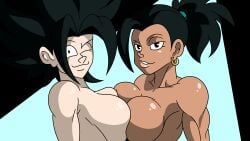 2girls ajaycolor big_breasts black_eyes black_hair blue_lighting breast_press breasts caulifla color color_edit colored colored_hair colored_inner_hair colored_sketch colored_skin dragon_ball dragon_ball_super edit female female_only female_saiyan hi_res kale kishinpain large_breasts light-skinned_female light_skin looking_at_viewer monochrome multiple_girls muscular muscular_female nude nude_female one_eye_closed symmetrical_docking tan-skinned_female universe_6 universe_6/universe_7 universe_6_girls yuri