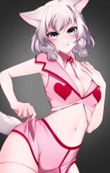breast_squeeze breasts_squeezed_together cat_ears cat_tail catgirl cleavage cweamcat_(vtuber) hand_on_shoulder hips large_breasts licking_lips looking_at_viewer midriff midriff_showing nurse pulling_shorts short_hair teasing thick_thighs thighhighs thighs