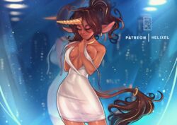 1girls areolae breasts breasts_out dark-skinned_female dark_skin dress female female_only helixel horn nipples no_bra solo tail unicorn_girl unicorn_horn