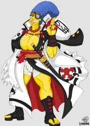 ÷ baiken big_breasts blue_hair clothed clothing guilty_gear marge_simpson massive_breasts strongovan the_simpsons yellow_body yellow_skin