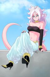 1girls android_21 android_21_(good) arabian_clothes athletic athletic_female belly_button black_nails blue_eyes collar dragon_ball dragon_ball_fighterz dragon_ball_z harem_outfit heel_boots jewelry looking_at_viewer majin_android_21 medium_breasts navel pink_skin pointy_ears smile smiling smiling_at_viewer somegfguy spiked_hair spiky_hair tail vomi_(dragon_ball) white_hair