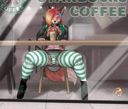 2018 beverage bottomwear brown_eyes bulge canid canine clothed clothing coffee crossdressing english_text footwear fox fully_clothed girly green_lipstick high_heels legwear lipstick looking_at_viewer makeup male mammal panties pattern_clothing pattern_legwear pattern_underwear penis_in_panties shoes skirt socks solo spread_legs spreading starbucks stockings striped_clothing striped_legwear striped_panties striped_underwear stripes text thick_thighs thigh_highs underwear upskirt zorro_re_(character) zorrore