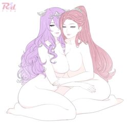 2girls asymmetrical_docking breast_press breasts camilla_(fire_emblem) fire_emblem fire_emblem_fates fire_emblem_heroes hair_over_one_eye hand_on_thigh highres large_breasts loki_(fire_emblem) long_hair looking_at_viewer multiple_girls nail_polish nintendo ponytail purple_eyes purple_hair r3dfive red_hair signature smile thighs white_background yuri