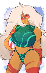 beach_ball big_breasts big_hips bikini blushmallet breasts busty cartoon_network curvy female female_focus female_only gem_(species) green_bikini green_shirt huge_breasts jasper_(steven_universe) long_hair orange_skin steven_universe tanga thick_lips thick_thighs thighs white_hair yellow_eyes