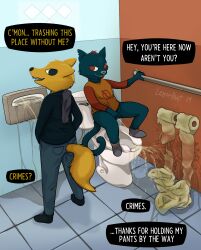 2024 bathroom bodily_fluids canid canine clothed clothing crouching destruction dialogue domestic_cat english_text felid felidae feline felis female fox genital_fluids gregg gregg_lee hi_res jacket leather leather_clothing leather_jacket leather_topwear lemonbat mae_borowski male mammal night_in_the_woods peeing standing text toilet toilet_paper topwear urine urine_pool urine_stream vandalism watersports