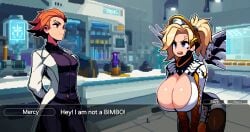 2girls ai_generated alternate_breast_size angry blonde_hair caption cleavage cleavage_cutout cleavage_window clothed clothed_female english_text gigantic_breasts ginger_hair hanging_breasts huge_breasts lab leaning_forward massive_breasts mercy moira overwatch overwatch_2 pixel_art text visual_novel