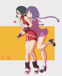 2girls alternate_costume bare_legs bare_thighs boruto:_naruto_next_generations cleavage clothing dress female female_only full_body grabbing grabbing_breasts grabbing_from_behind groping groping_breasts heart heels high_heels human kakei_sumire mazimazino minidress multiple_girls naruto naruto_(series) one_eye_closed panties petite petite_body petite_female platform_heels revealing_clothes sailor_uniform sarada_uchiha shirt skimpy skimpy_clothes spoken_heart teenage_girl teenager wink yuri