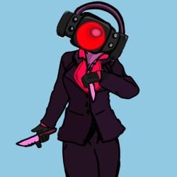 1girls blue_background costume dark_clothing dressed headphones knife object_head red_eyes skibidi_toilet speaker speaker_head speaker_woman sussy_pon