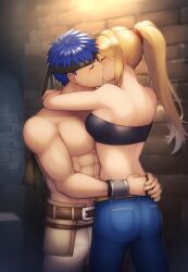 ai_generated beauty_mark big_breasts blonde_hair blue_hair cleavage closed_eyes crossover fire_emblem fire_emblem:_path_of_radiance fire_emblem:_radiant_dawn ike_(fire_emblem) kissing large_breasts metroid mole muscles muscular_female muscular_male nintendo partially_clothed samus_aran straight super_smash_bros.