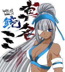 1girls artist_name big_breasts bikini blue_eyes breasts busty cleavage dark-skinned_female dark_skin dated eyepatch female female_only hair_ribbon highres japanese_text large_breasts long_hair looking_at_viewer majikina_mina ponytail ribbon samurai_shodown serious sideboob snk solo swimsuit translated very_long_hair white_bikini