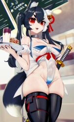 animal_ears black_hair choker food fox_ears fox_girl gammainkk large_breasts leotard looking_at_viewer no_panties pelvic_line red_eyes revealing_clothes ribbon skimpy small_waist smiling_at_viewer squishy_thighs sword thick_thighs thigh_boots thigh_squish thighhighs twintails two_tone_hair virtual_youtuber voluptuous waitress waitress_outfit white_hair wide_hips