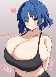 1girls ? arm_behind_back asymmetrical_bangs ayanekoji black_bra black_shorts blue_hair blush bocchi_the_rock! breasts breasts_focus breasts_jiggling cleavage collarbone expressionless huele_a_sexo huge_breasts jitome looking_at_viewer mirando_espectador navel quieres? quieresexo short_hair shorts skindentation solo speech_bubble spoken_question_mark sports_bra sweat tetas tetas_grandes tits yamada_ryou yellow_eyes